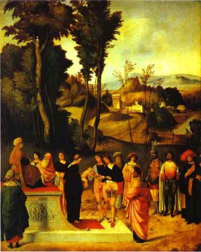 FIG. 47.—GIORGIONE(?). ORDEAL OF MOSES. UFFIZI.