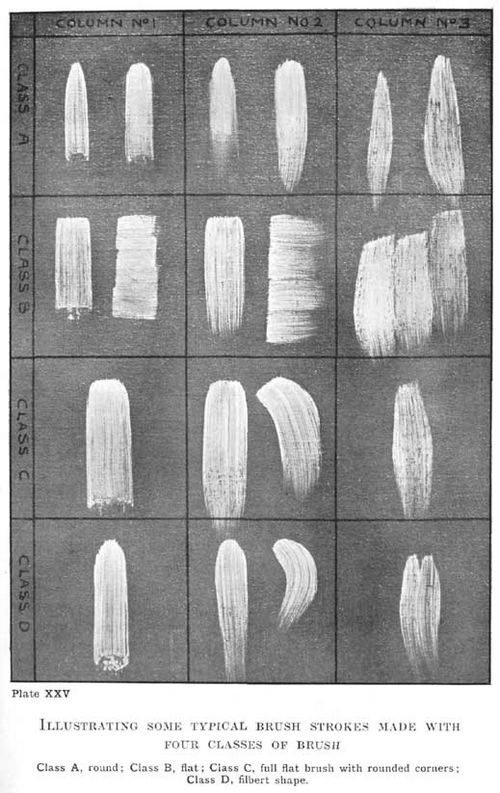 Plate XXV. ILLUSTRATING SOME TYPICAL BRUSH STROKES MADE WITH FOUR CLASSES OF BRUSH Class A, round; Class B, flat; Class C, full flat brush with rounded corners; Class D, filbert shape.